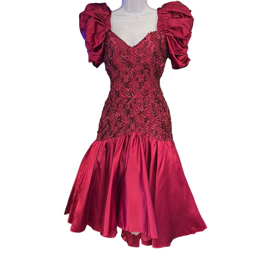 Vintage Dave & Johnny Prom Dress 80s Glam Puffy Sleeve Sequin Burgundy